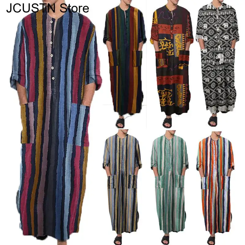 

Men's Muslim Long Sleeve Cotton Striped Robes Islamic Arabian Kaftan Suit Middle East Dubai Abaya Retro Spring Clothing 2026 New