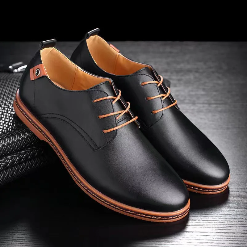 Spring Men's Casual Shoes Leather Middle Aged and Young British Beef Tendon Bottom Flat Bottom Casual PU Men Shoes Brown