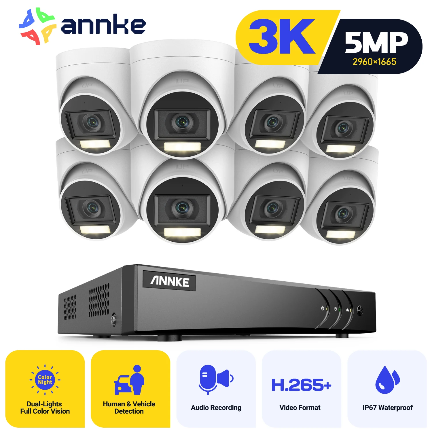 ANNKE 16CH videobewakingskit 5in1 DVR-bescherming Beveiligingscamera H.265+ Weerbestendig IP67 CCTV-camerasysteem Externe monitor