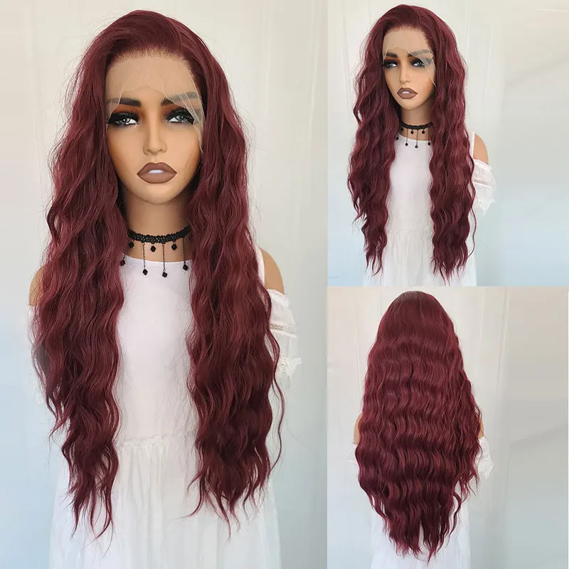 Vinho vermelho onda de água cabelo sintético 13x4 perucas dianteiras do laço alta qualidade fibra resistente ao calor cabelo livre separação para preto perucas