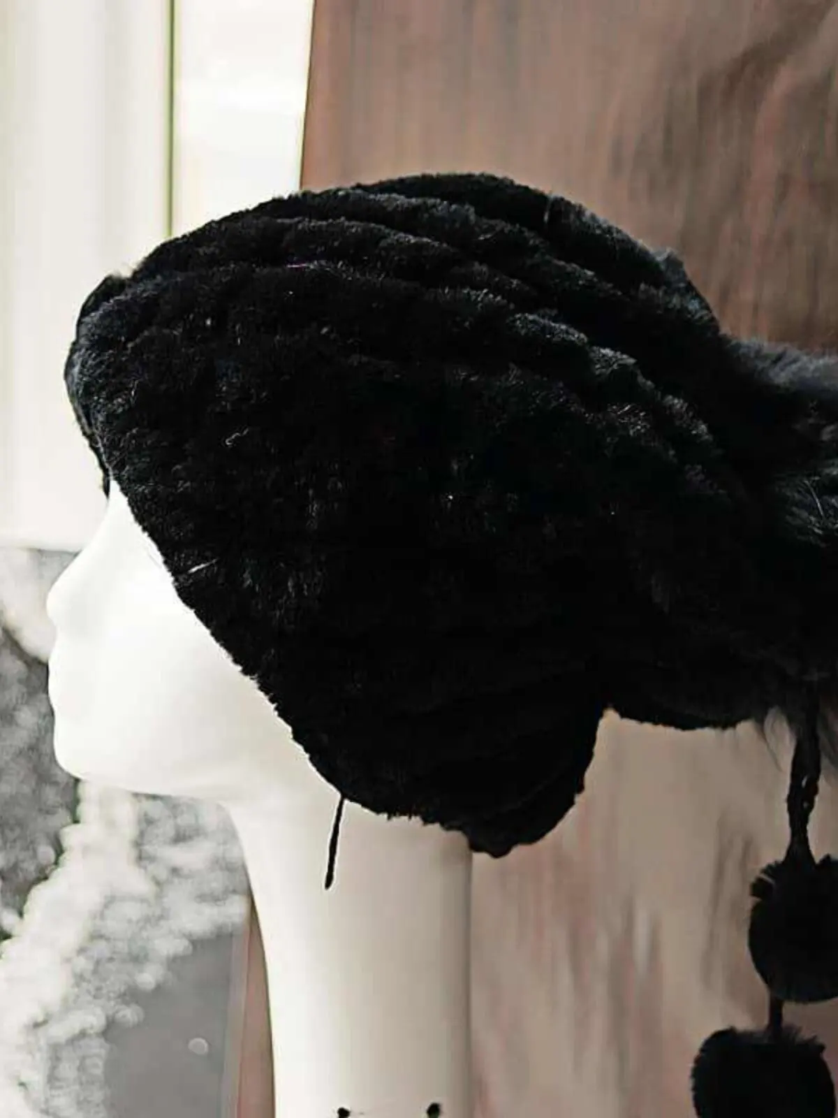 Winterfellmütze für Damen aus echtem Rex-Kaninchenfell mit Schal, gestreift, warme Kopfbedeckung, modische Ananas-Mütze, flauschiges Accessoire – Detail 10