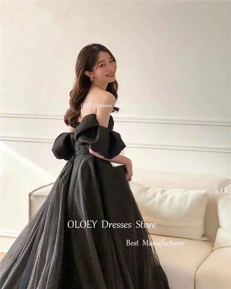 OLOEY Black Dotted Tulle Black Evening Dresses Korea Wedding Photoshoot Sweetheart Puff Short Sleeves Corset Back Party Gowns