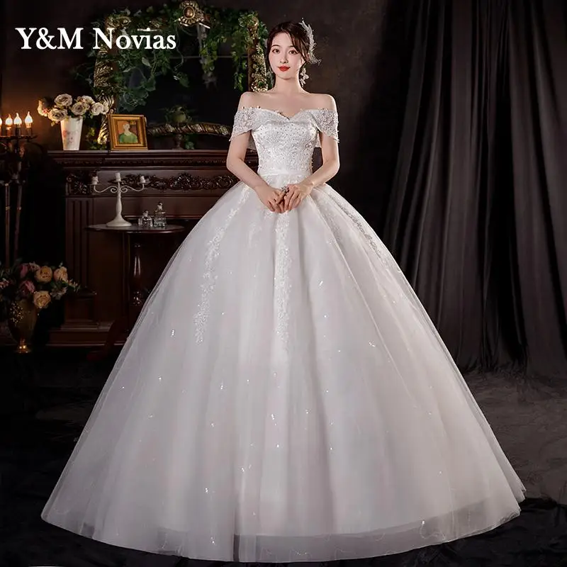 Y&M Fashion Classic Lace Applique Plus Size Wedding Dress Embroidery Plears 2024 New Style Sweet Bride Gown Vestidos De Noiva