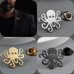 Octopus and squid gold-plated badge, men's suit collar pin, metal high-grade black silver brooch, gift for father and husband