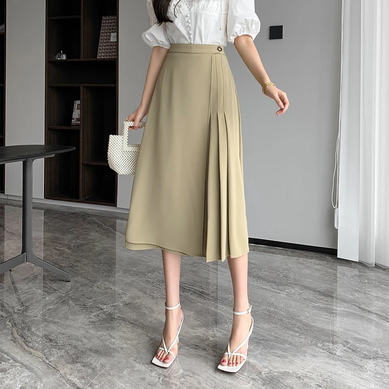 

Office Ladies Elegant High Waist A-line Pleated Skirt Women 2022 Summer New Fashion Long Skirts Khaki/Black Female Skirt