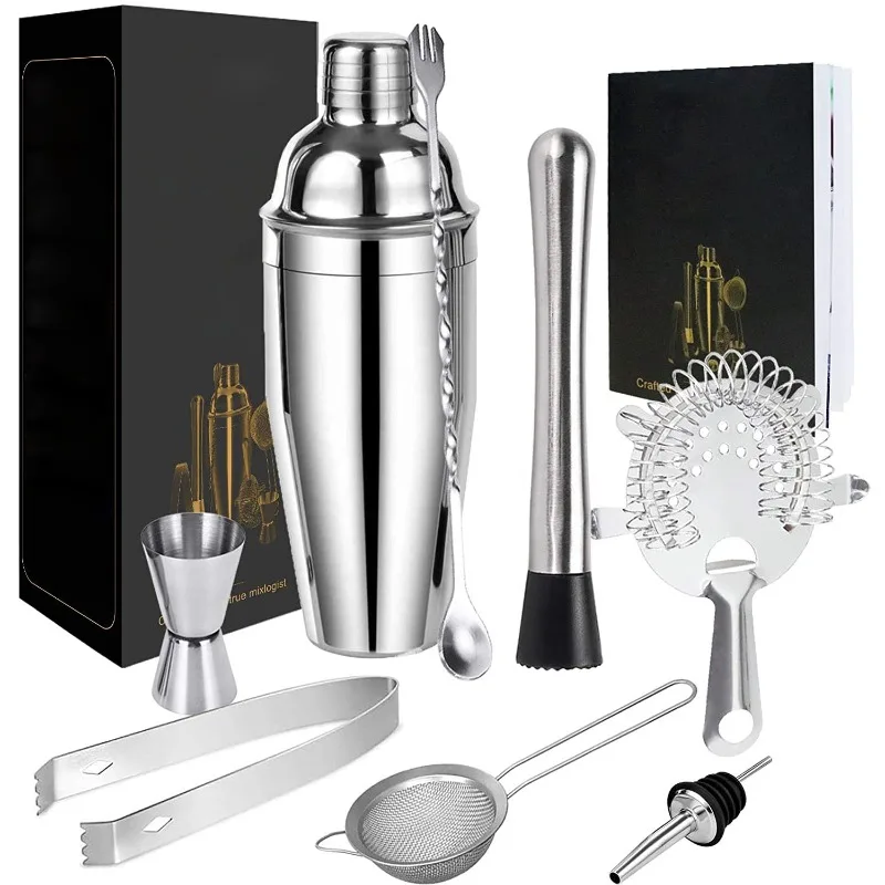 Wedding Gift Box Cocktail Mixing Kit, 750ml Stainless Steel Boston Shaker Complete Bartender Tools Matching Recipe Instruction C
