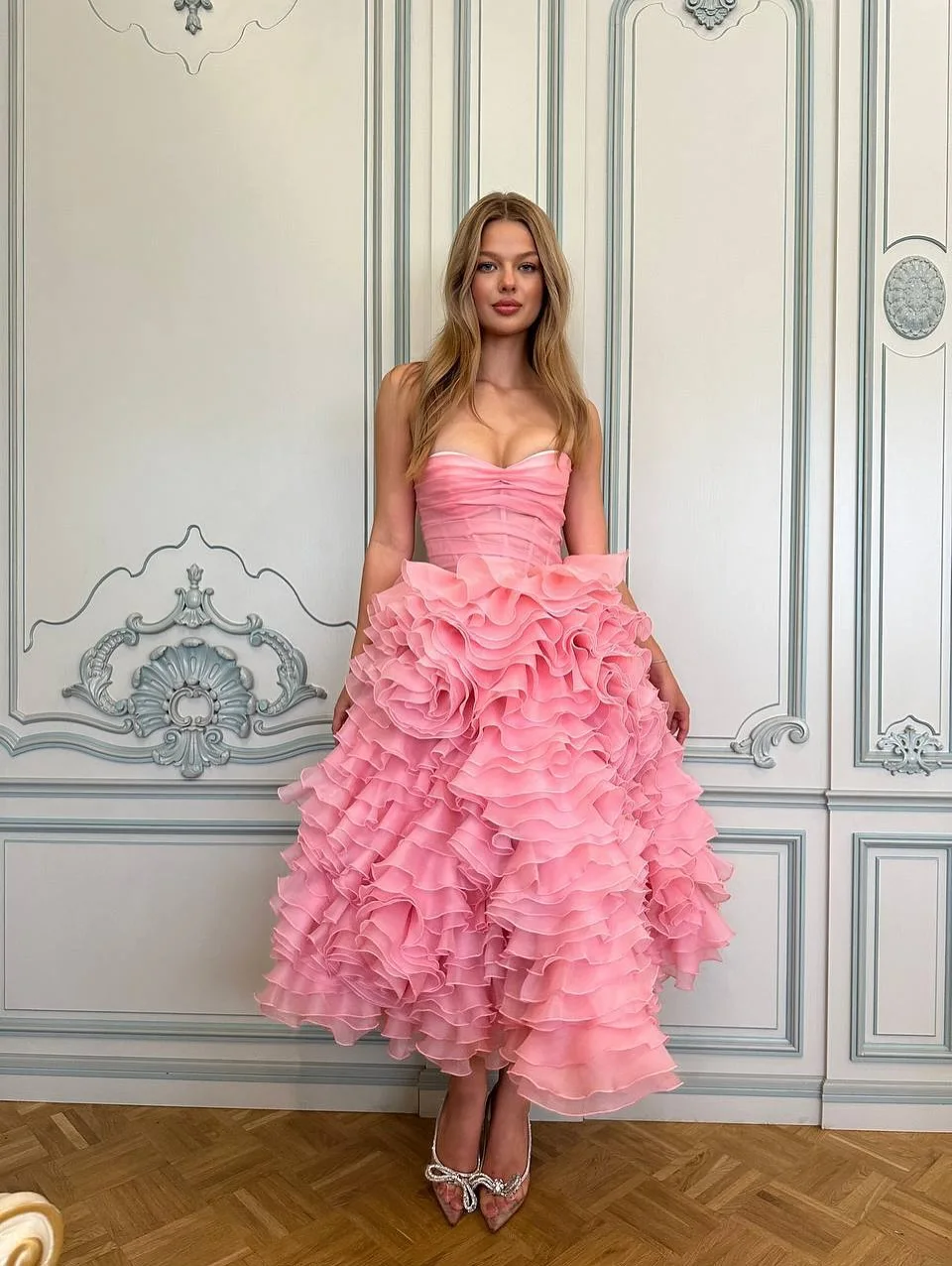 Blush rosa em camadas babados tule vestido de baile sem alças querida tornozelo comprimento a linha vestidos formais babados inchados vestidos de alta costura