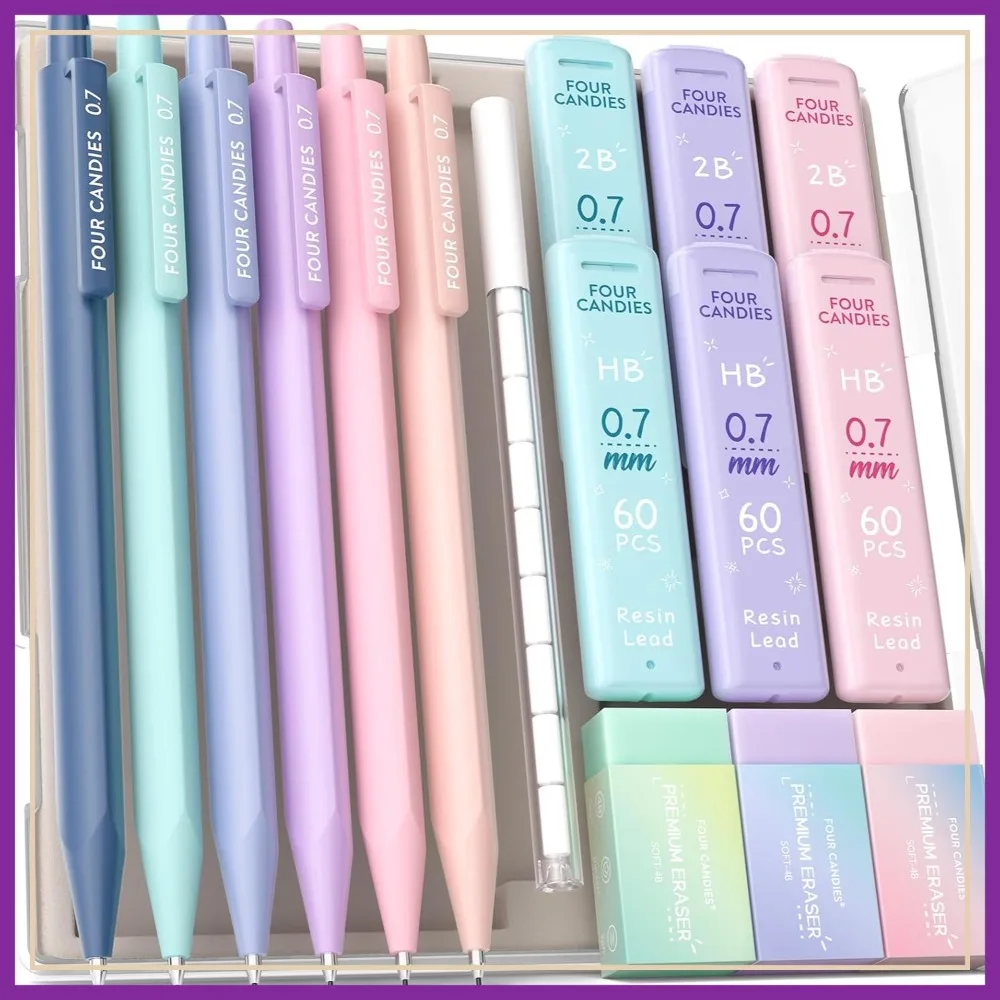 

6PCS Mechanical Pencil Set with 372 Leads & Erasers, 0.7mm, HB & 2B Lead Refills, Storage Case for Writing & Drawing