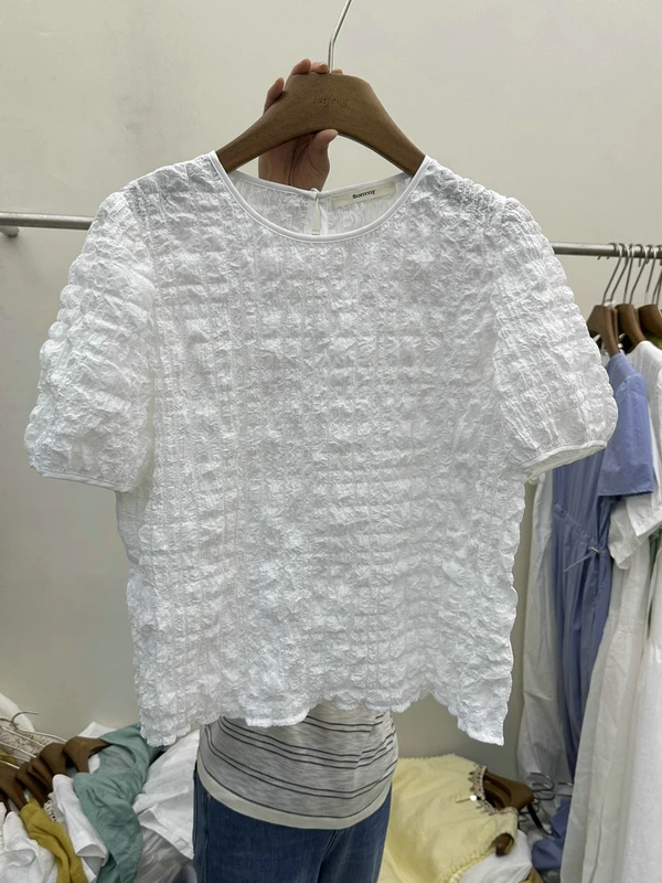 

Элегантная женская рубашка из пузырчатого хлопка с коротким рукавом и круглым вырезом, модная летняя новинка, прямого кроя, из смесового хлопка