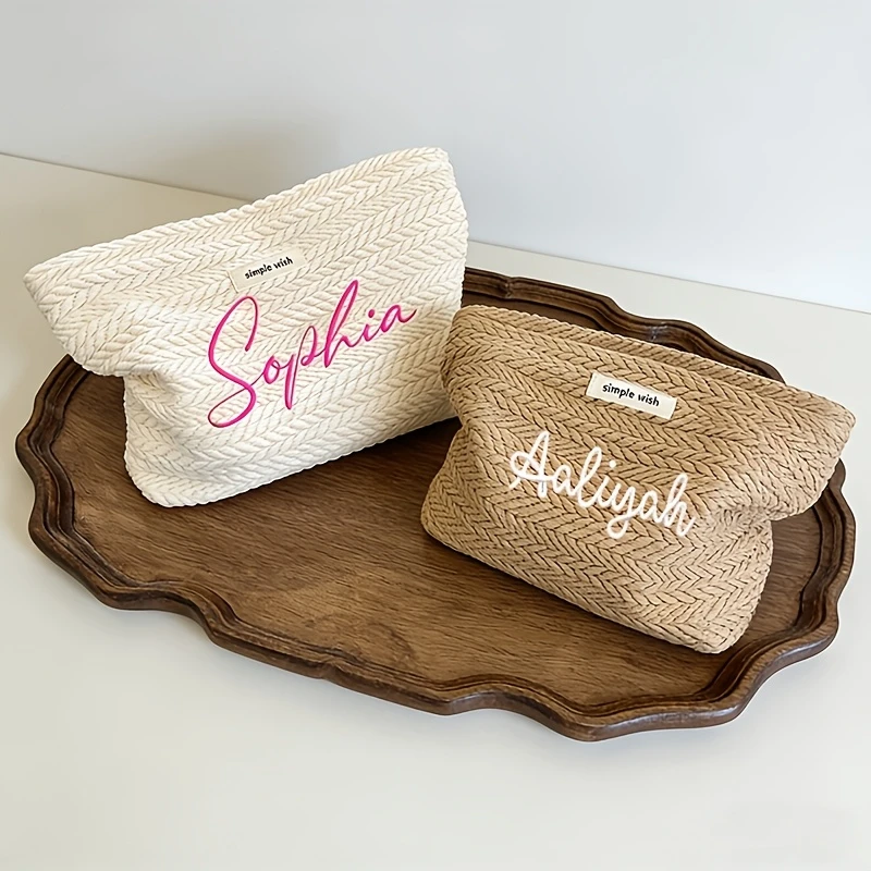 Customized Name Woven Makeup Pouch Embroidered Portable Toiletry Bag Suits Daily and Trips Practical Gift for Various Occasion
