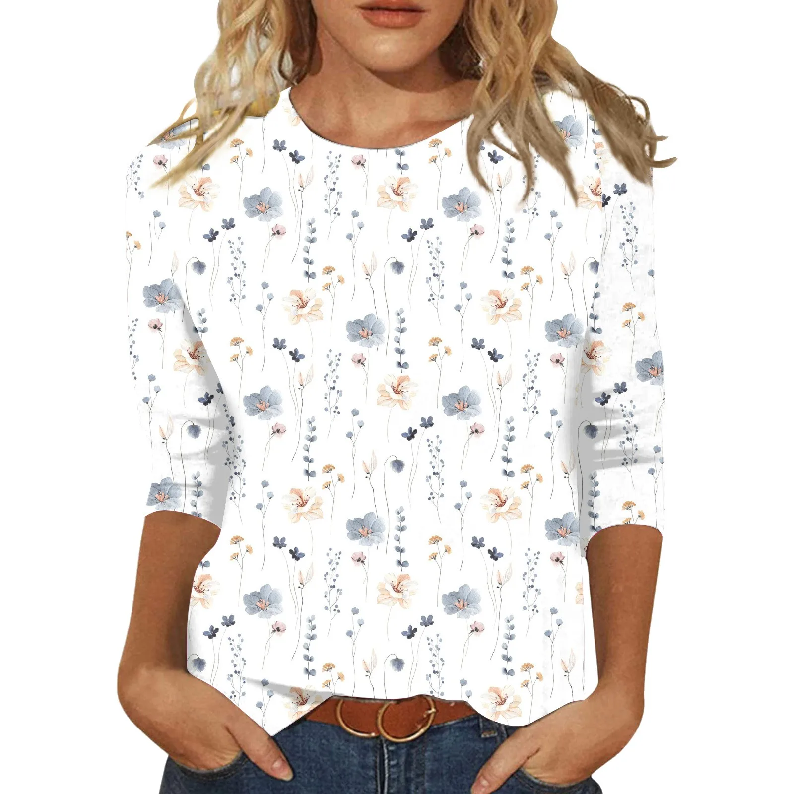 Casual Floral Print Women T-shirt Three Quarter Sleeve Graphic Tees Women Round Neck T-shirts Femme Ropa Mujer