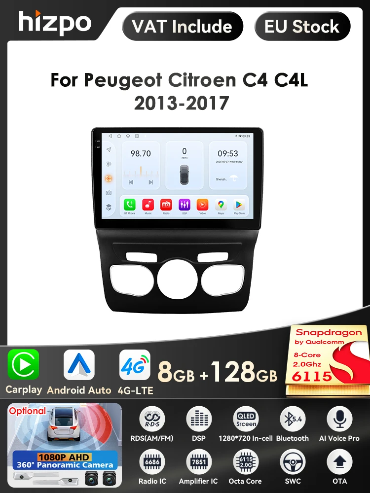 Hizpo Ai Draadloze Carplay Radio Android Scherm Voor Citroen C4 C4l Ds4 2013 - 2017 Multimedia-Ontvanger Auto Wifi Gps Head Unit Bt - afbeelding 2