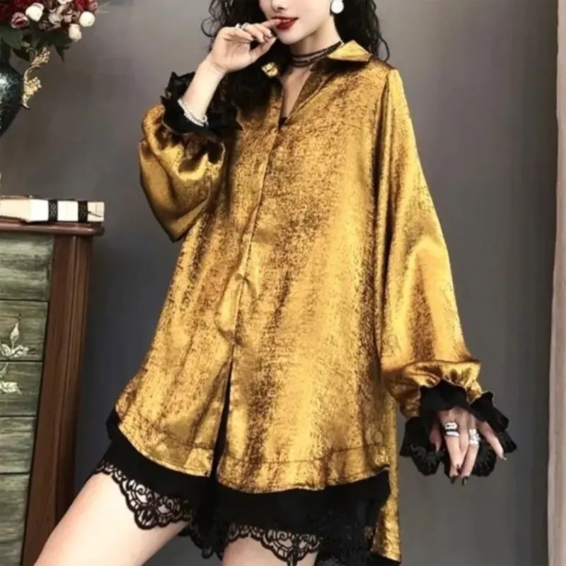 Mode Spitze Patchwork Bluse pendeln einreihig 2024 Frühling Herbst Polo-Ausschnitt weibliche Kleidung einfarbig helle Seide Hemd