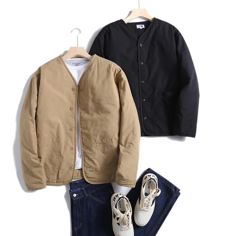 

Loose Fit Cotton Jaet Men's Autumn Winter New Vintage Sle No Collar Faionable Urban Casual Stand Length Youth Coat