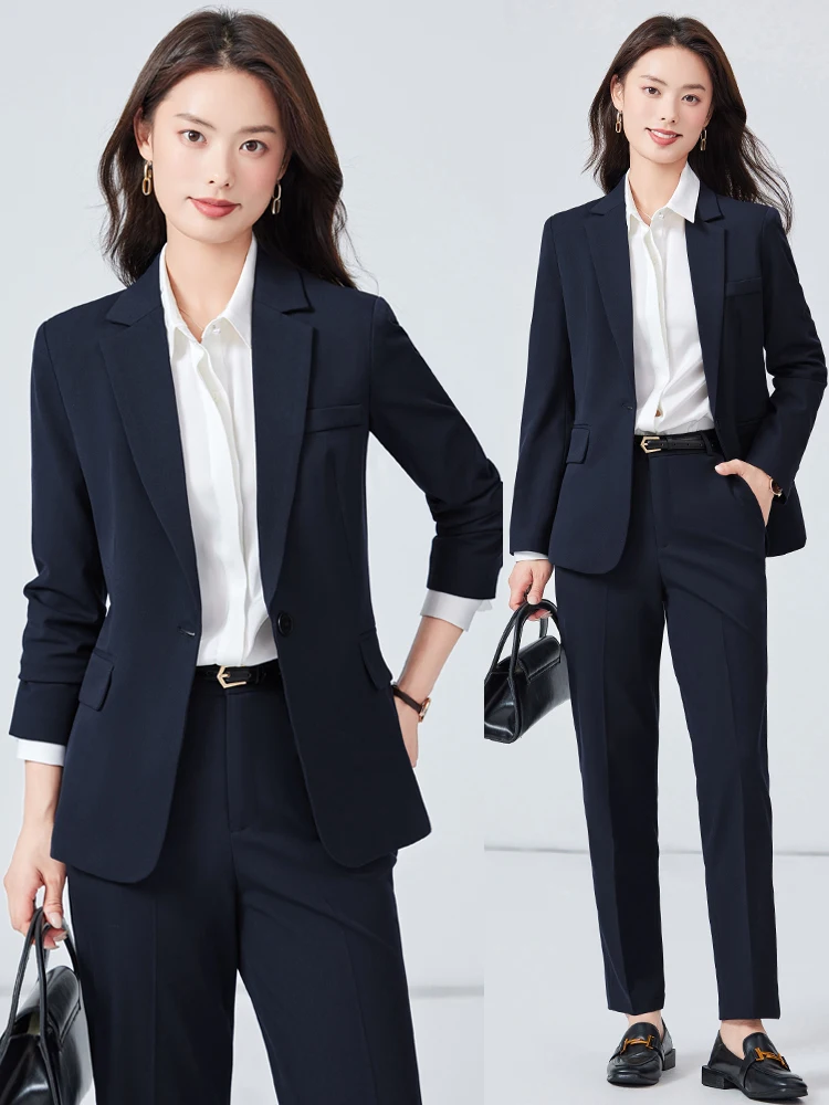 Cobalt Blue Women's Suiting Set Formal Commute Interview Outfit Slim Fit Button Detail Long Sleeve Pure Color Polyester Blend