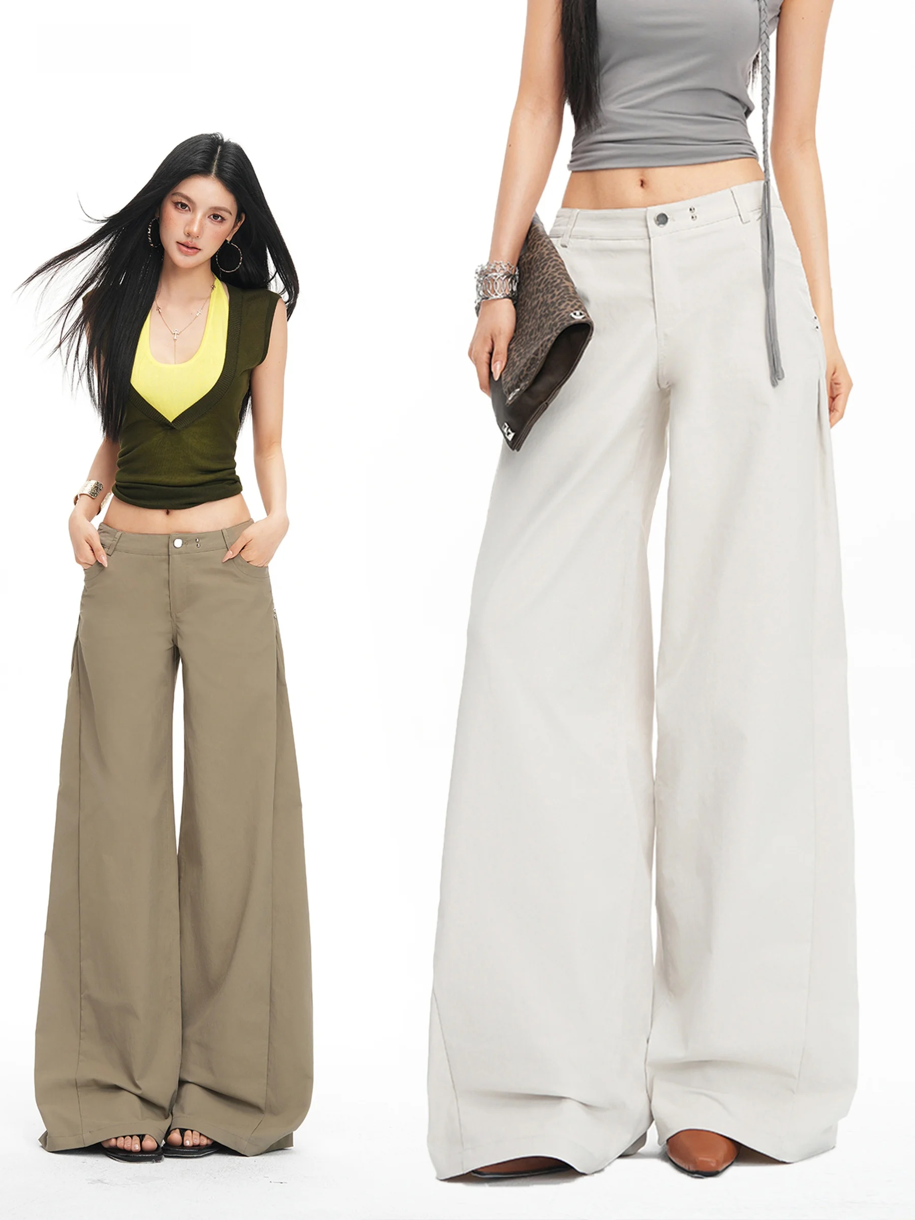 

Low Waist Wide Leg Pants Women Summer American Retro Loose Straight Design Pleated Floor-Length Pants Skin-friendly Breathable