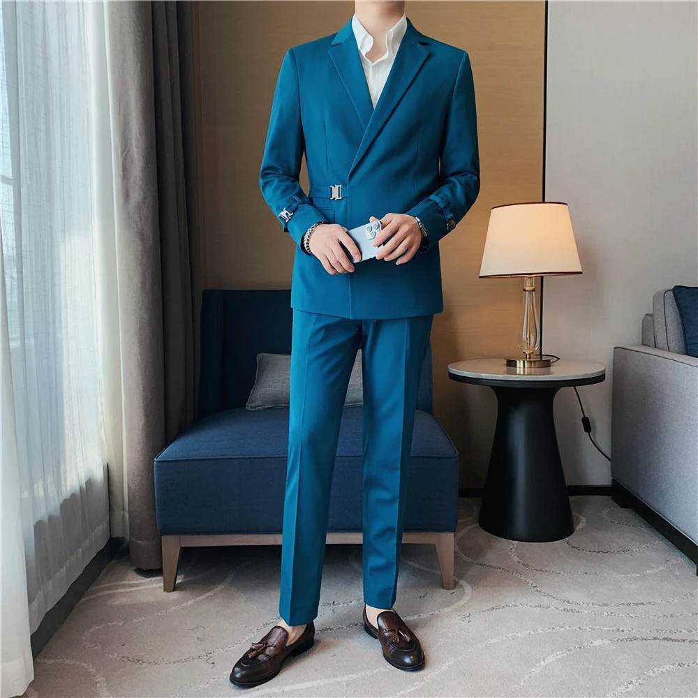 

2023 Summer New Men British Double Breasted Suit Fashion Formal 2-Piece Bridegroom Wedding Business Leisure Professional Suit