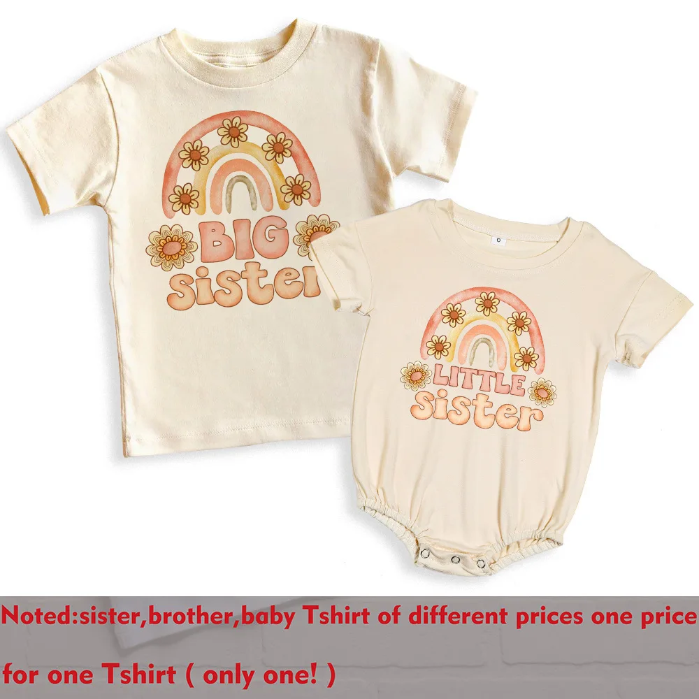 Big Sister Little Sister Rainbow Shirt Retro Sibling Matching Outfit Kids Short Sleeve T-shirt Tops Baby Large Bubbles Romper