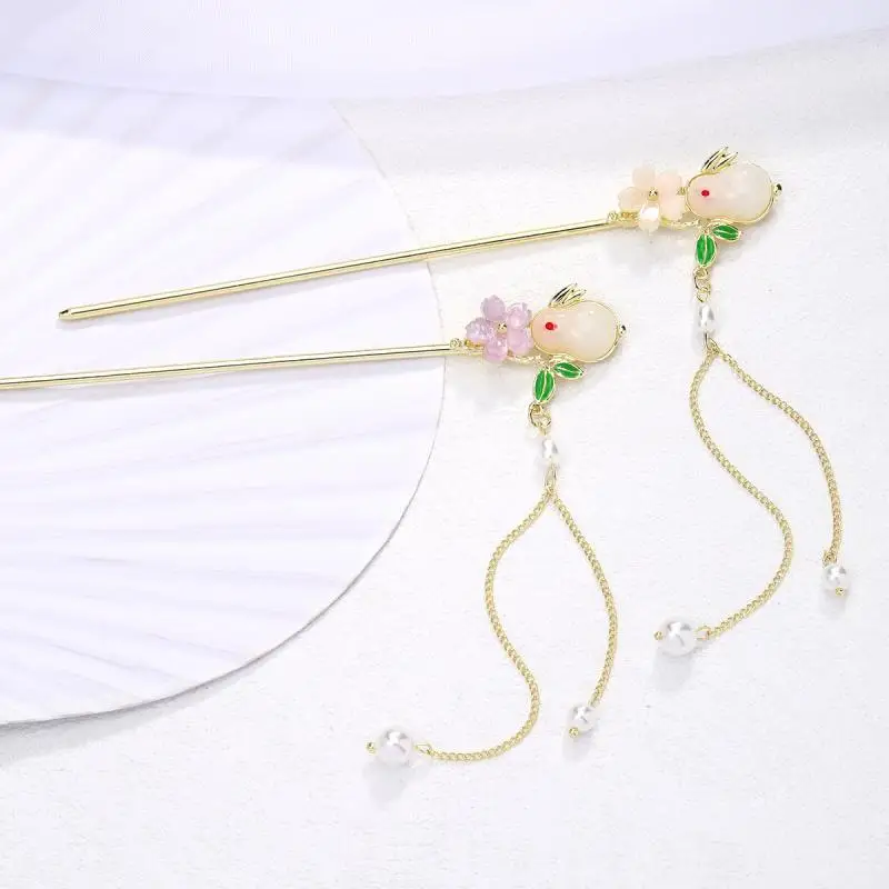 Original innovative Chinese jade rabbit flower hairpin, classical fringe god stick hairpin, simple Hanfu cheongsam headdress