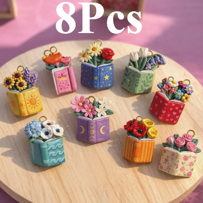 8Pcs Fashion Alloy Charms Enamel Sweet Fresh Rose Sunflower Book Bouquet Pendant for Jewelry Making DIY Necklace Accessories