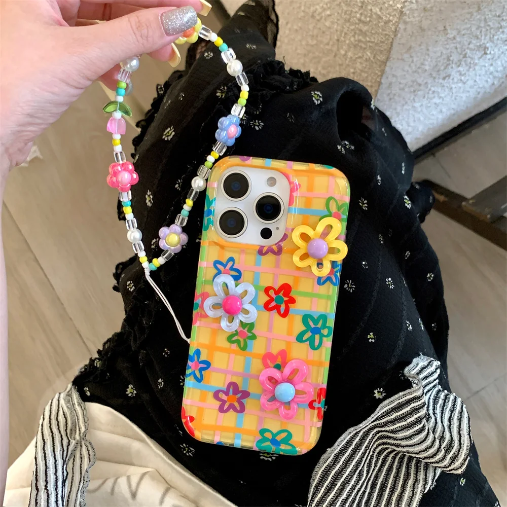 

Korean 3D Flower Chain Lanyard Soft Case For iPhone 16 15 14 13 Pro Max Plus XS XR Shockproof Back Cover