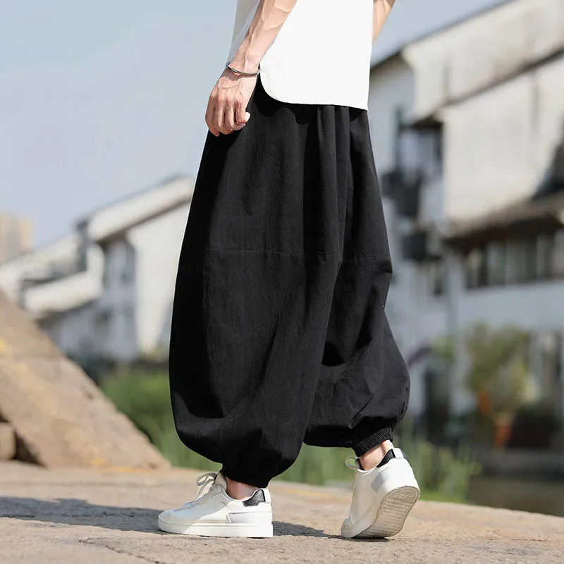 Modische Herrenhose im japanischen Stil, Haremshose, lockerer Schnitt, 100 % Baumwolle, Herrenhose für Frühling und Sommer, einfarbige Hose – Detail 2
