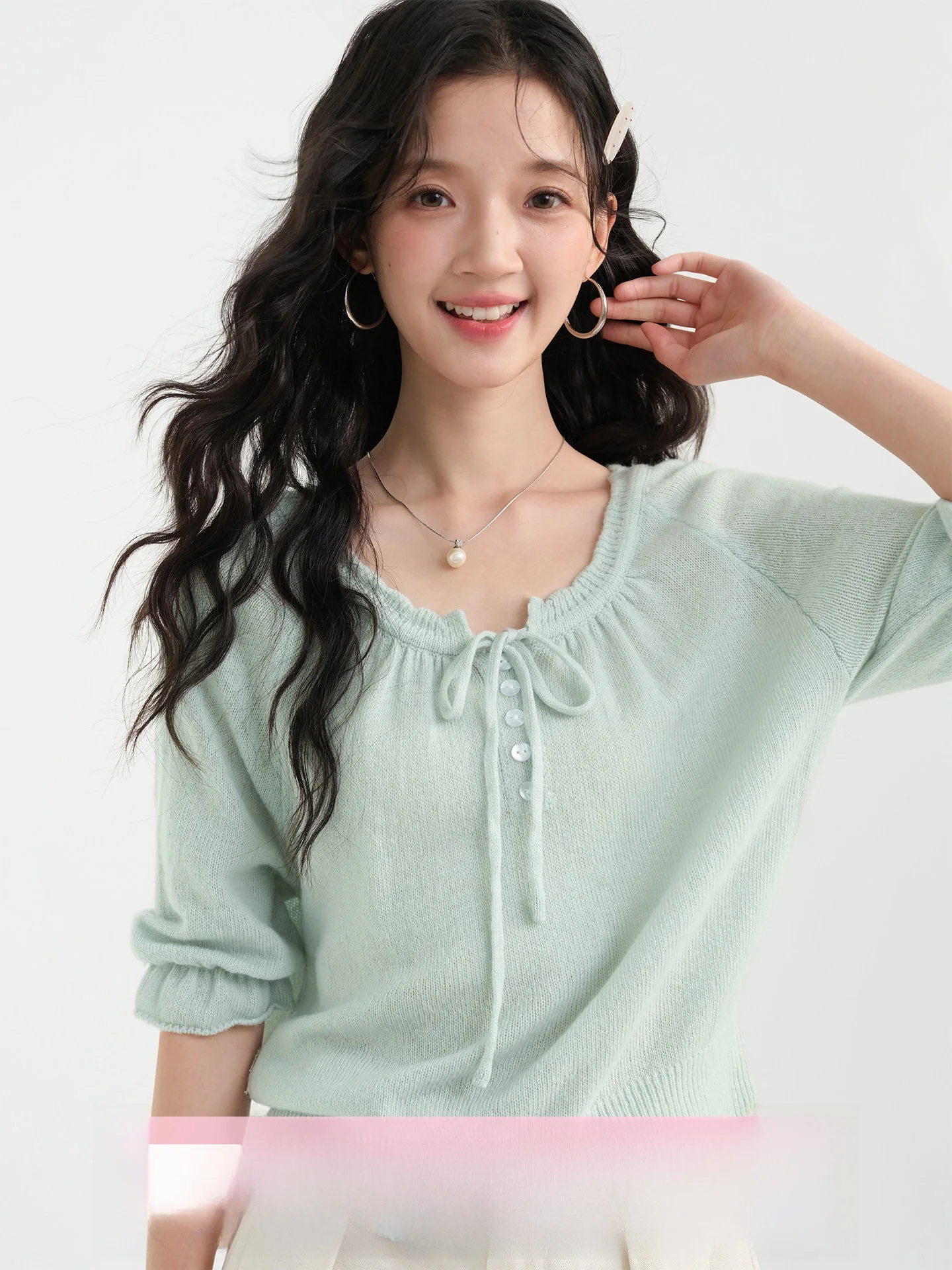 

Korean Style Knot Belted Knitted Sweater Women's Base Shirt Spring New Arrival Casual Loose Fit Breathable Short Sl...