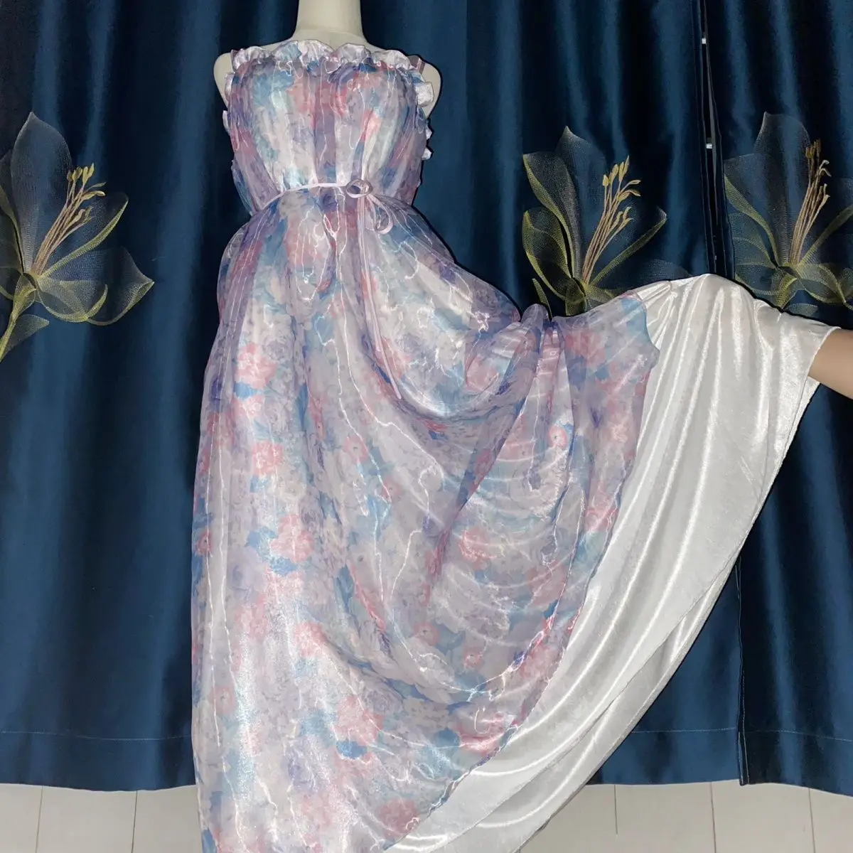 2 Layers Voile Outside Ice Silk inside Floral Print Glossy Sexy Women Satin Long Dress Loose Maxi Dress Elegant Dresses