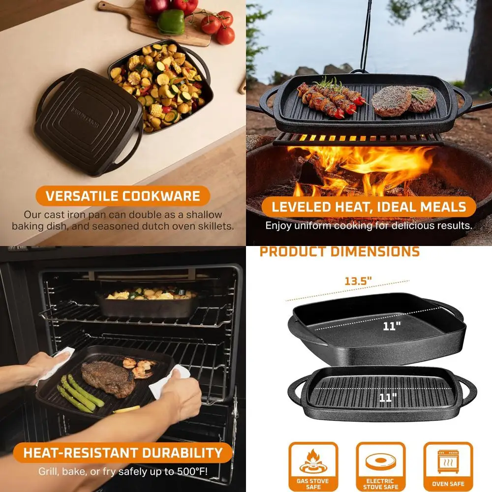 

11 Cast Iron Dutch Oven with Grill Lid - Pre-Seasoned Square Skillet for Braising, Grilling, Frying, Oven & Stovetop Use