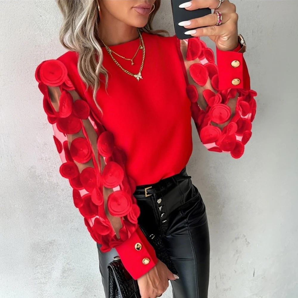 2024 Women's Blouses Elegant Floral Pattern Shirt Tops Autumn Winter Sheer Mesh Patch Long Sleeve Female Pullovers Office Lady