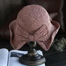 Women Straw Hat Bow-knot Decor Solid Color Breathable Curled Edge Foldable Sunscreen Decorative Summer Vacation Women Hat