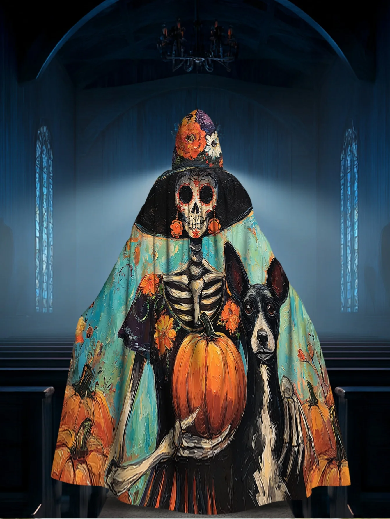 1pc Day of the Dead Hooded Cape with Print - 100% Polyester Spanish Suitable for Cosplay, Music Festivals, Dia De Los Muertos