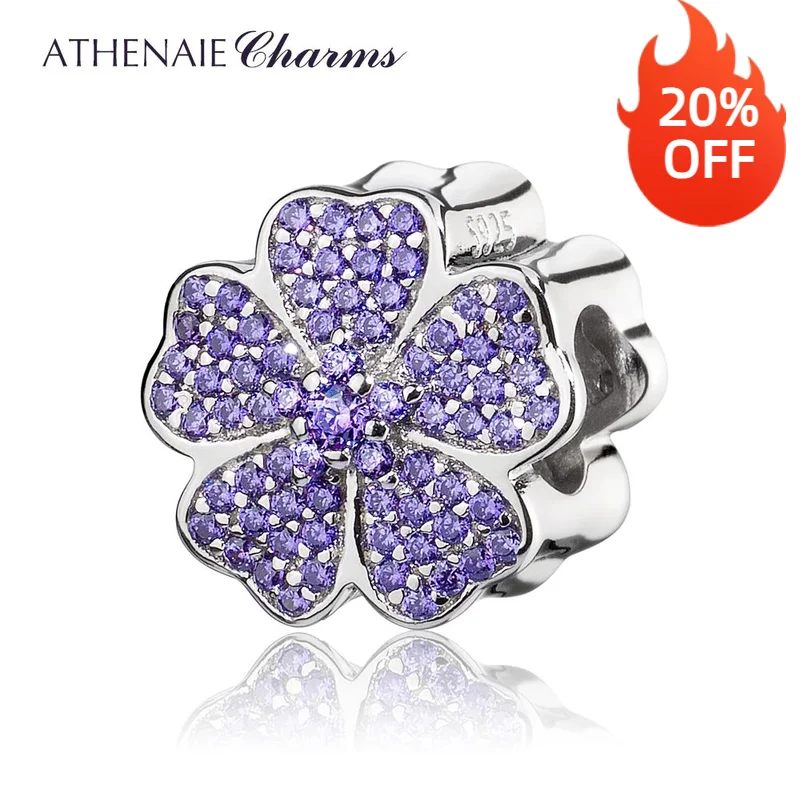 

ATHENAIE 925 Sterling Silver with Pave CZ Primrose Charm Beads Jewelry Gift for Mother's Day Color Pink&Purple