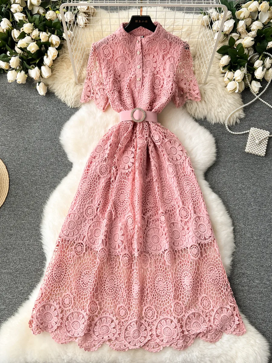 2024 Fashion Elegant Lace Hollow Out Party Dress Women Short Sleeve Slim Belt Solid Vintage Streetwear Summer Long Dresses