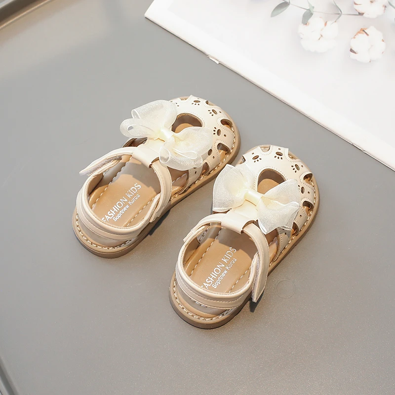 2024 Summer Girl\'s Sandals Hollow-out Pink Beige Toddler Kids Sliders Cover Toe Breathable Hook-loop Fashion Children Shoes