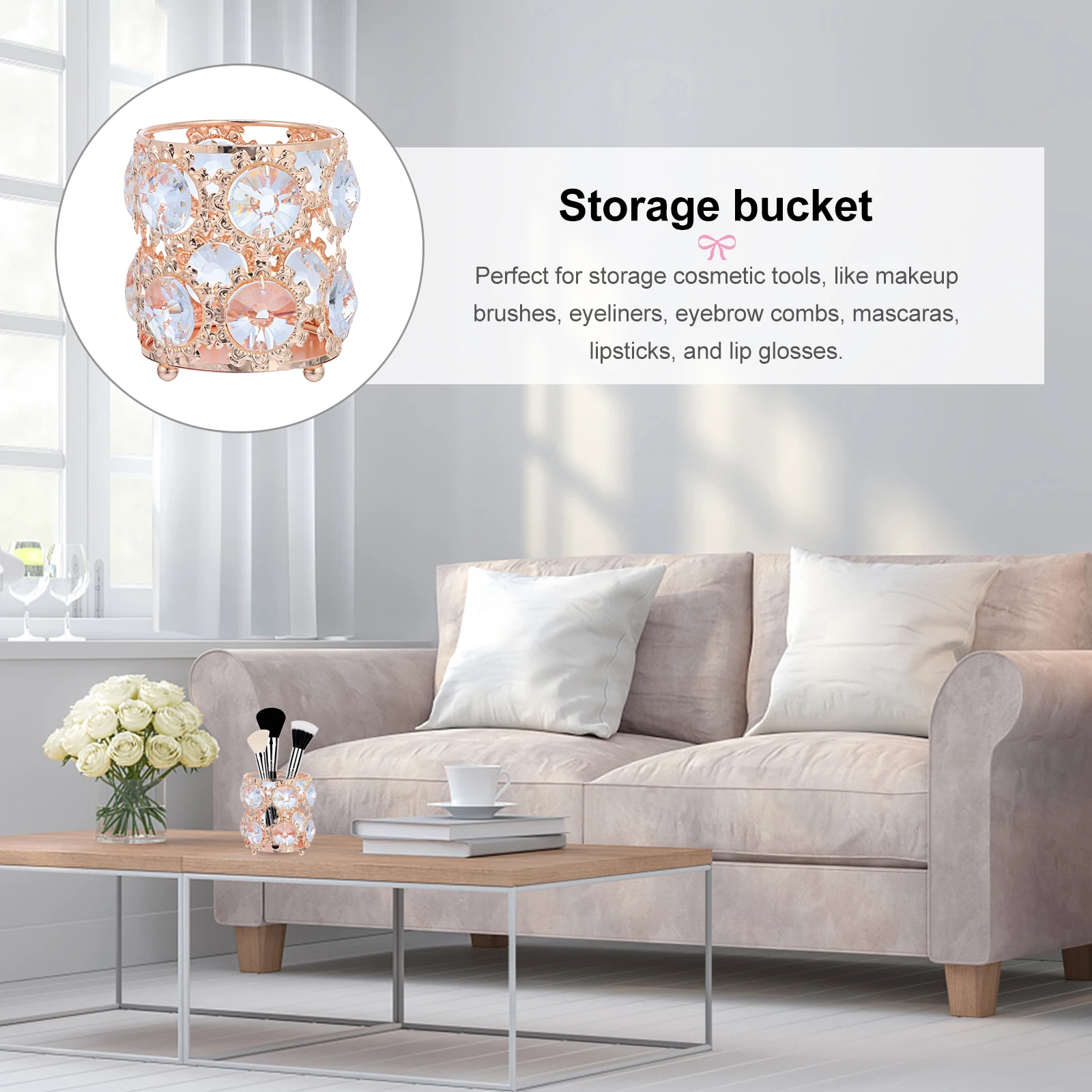 

Rhinestone Makeup Brush Storage Bucket Shiny Alloy Container Large Capacity Desktop ganizer Pen Stationery Basket Modern Design