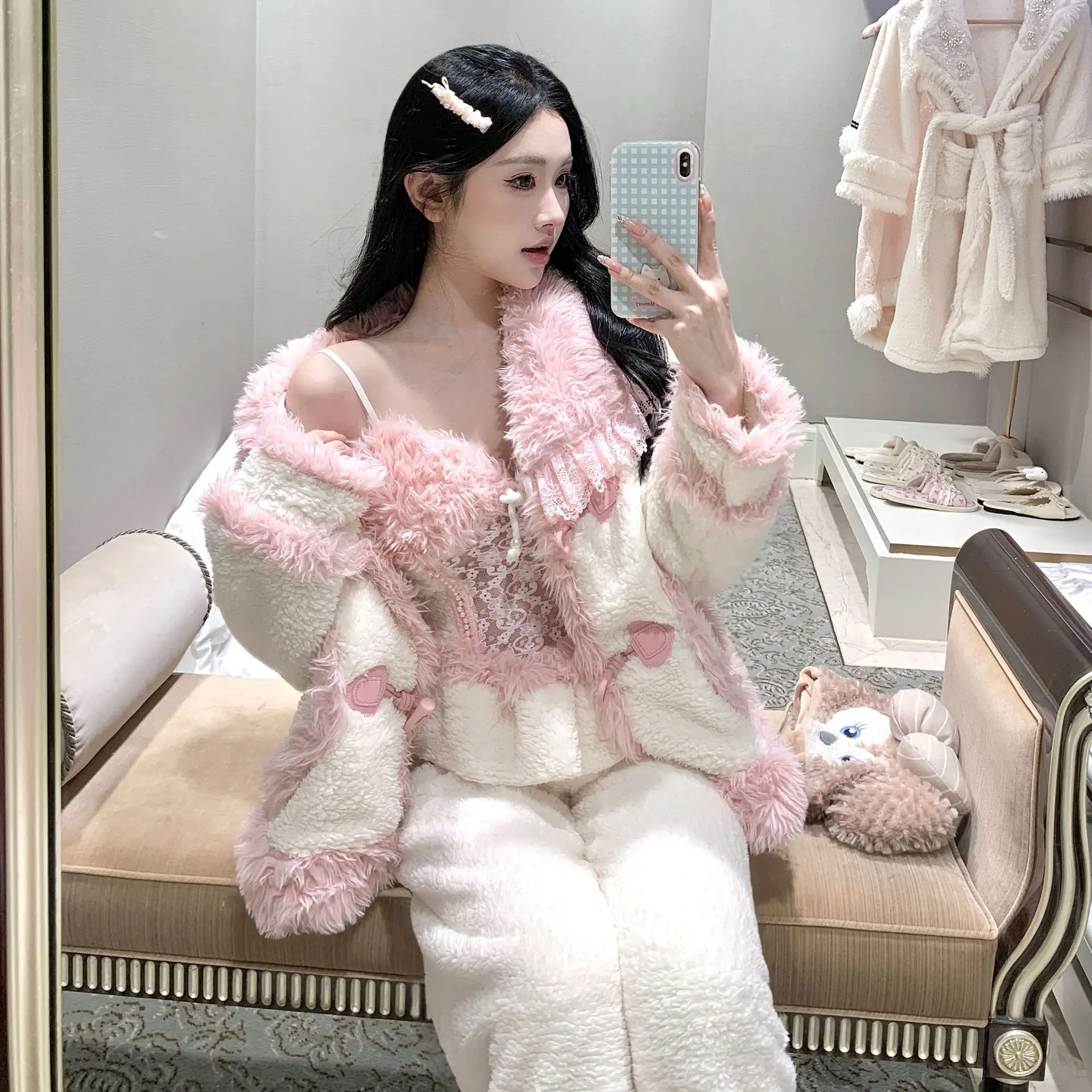 

Lamb Fleece Winter Sleepwear Women's Sexy Thick Coral Fleece Home Clothes Three Piece Set of Fleece Warm Sleepwear