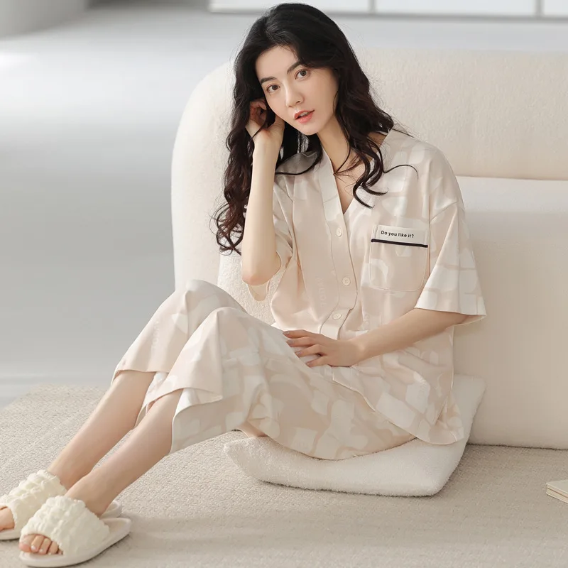 Summer Ladies Pure Cotton Sleepwear Short Sleeve Seven-Piece Pants V-Neck Open Cardigan Cute Kimono Home Clothes Set