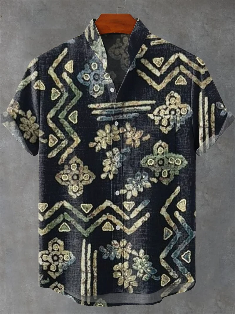 قميص رجالي كتان مطبوع هندسي ثلاثي الأبعاد بأكمام قصيرة نمط فني مريح عالي الجودة، أزرار صيفية #4