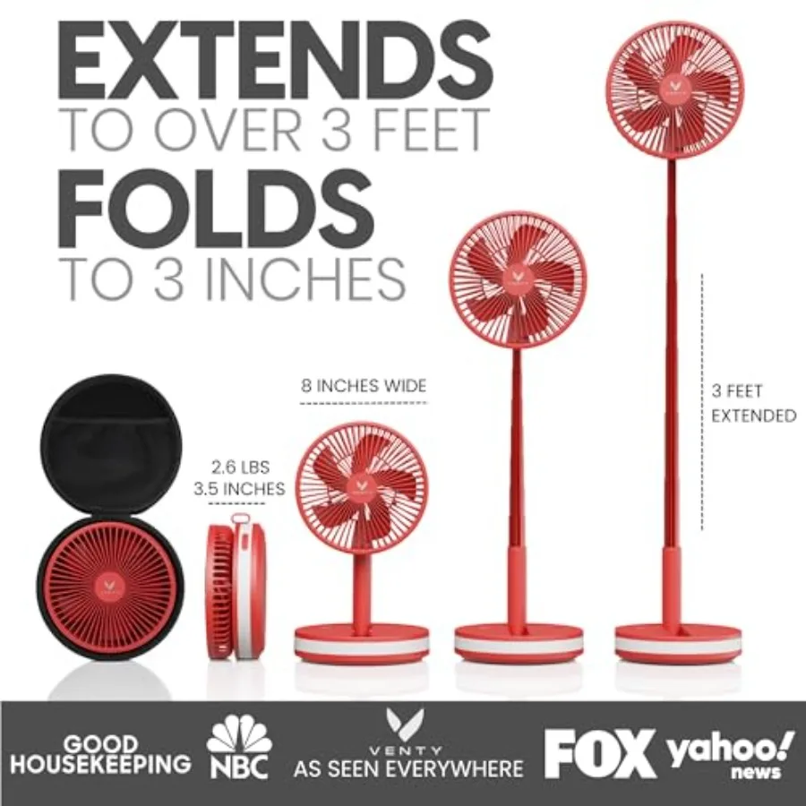 Portable fan for cruise, outdoor, and RV travel; red ABS plastic with carry case; 4-speed wireless battery operation, LED light