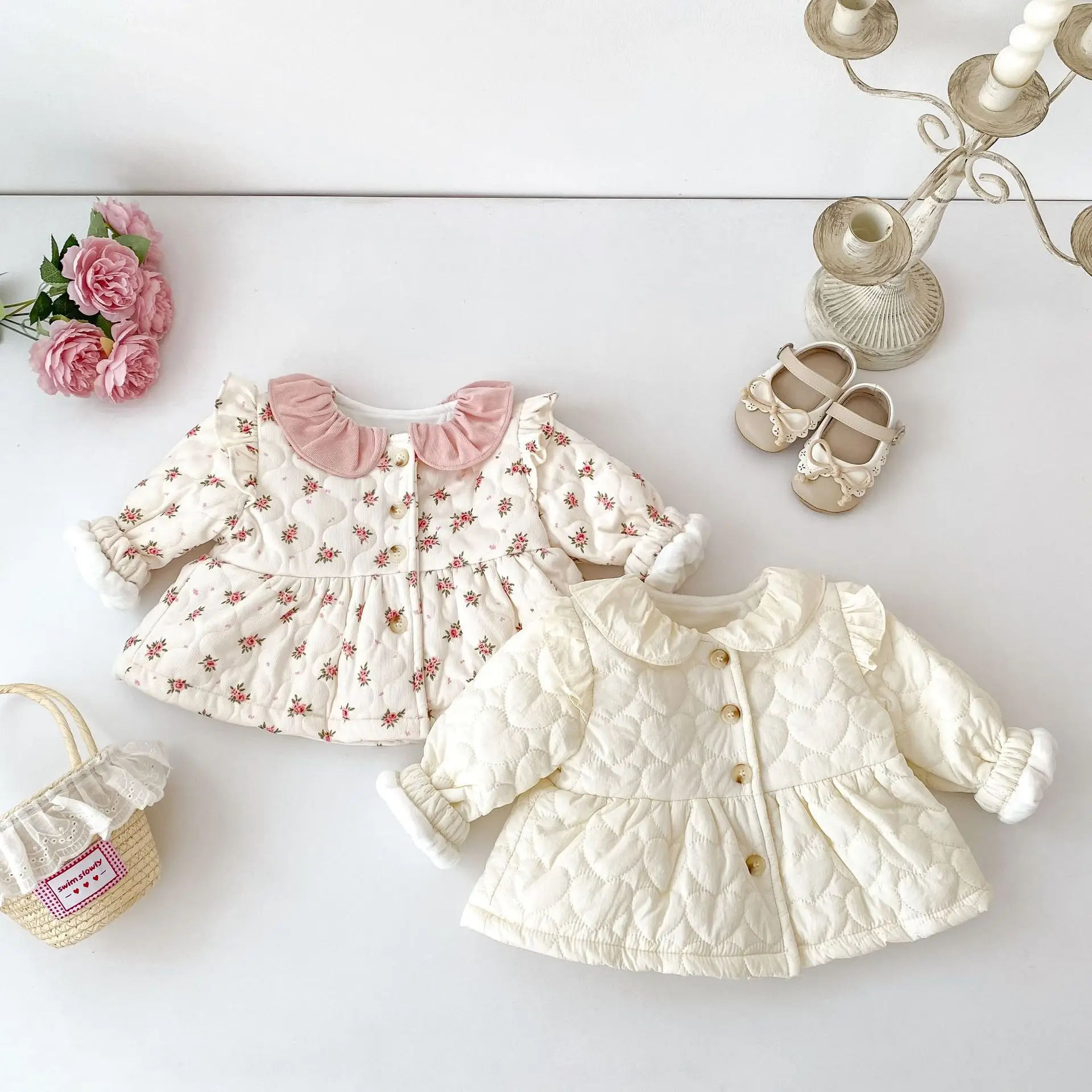 2026 Winter New Baby Girl Cute Ruffle Collar Floral Quilted Jacket Girls Plus Velvet Thick Warm Coat Infant Cotton Padded Jacket