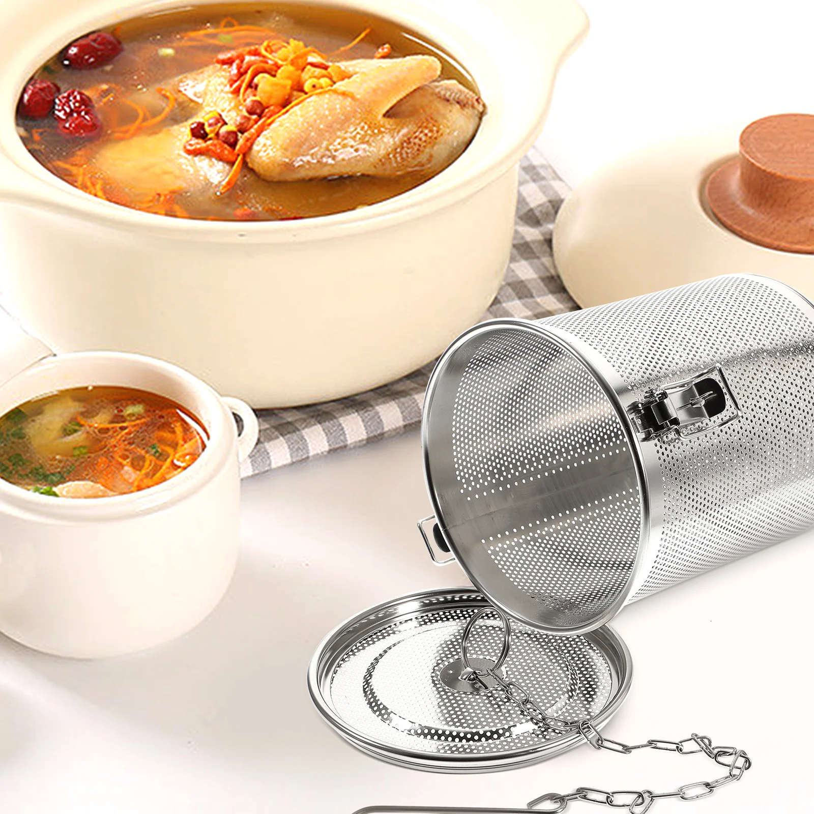 

1pc Stainless Steel Soup Basket Strainer Fine Mesh Long Chain Detachable Easy Clean Tea Soup Braised Pork Kitchen Barware