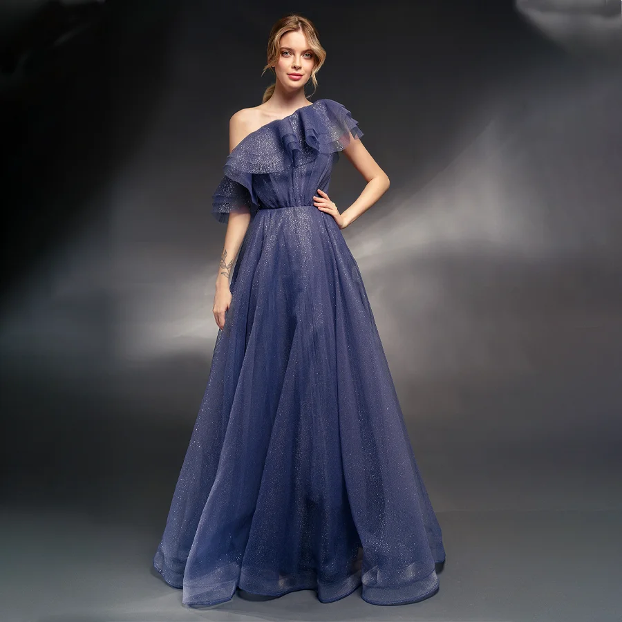 

Shimmering Sequin Tulle Prom Dress with One-Shoulder Strap Sparkling Floor-Length Evening Gown for Special Occasions
