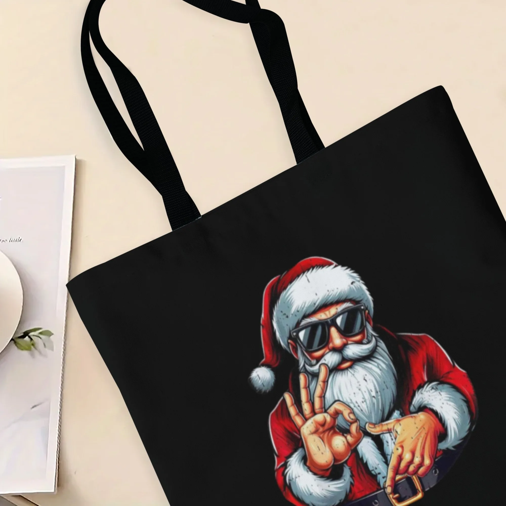 Bolso de mano negro con estampado de tema de gesto de mano de Papá Noel 67 de moda, bolso de hombro para mujer, regalo ecológico y elegante adecuado para adolescentes