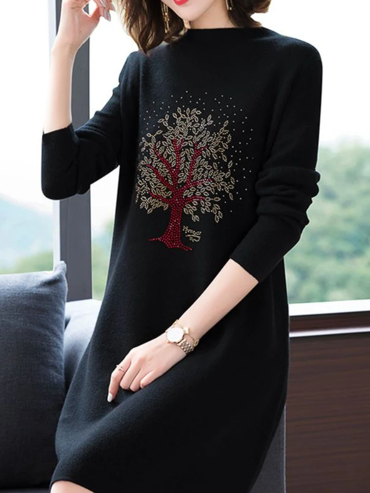 Vintage Korean Dress Long Sleeve Slim Woman Sweater es Knitted Elegant Half High Collar Midi Party   Autumn Q526