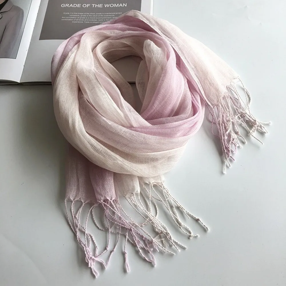 Fashionable Lightweight Pure Linen Scarf Sun Protection Sun Proof Gradient Scarf Long Length Tassel Fringe Neck Scarf Daily Wear