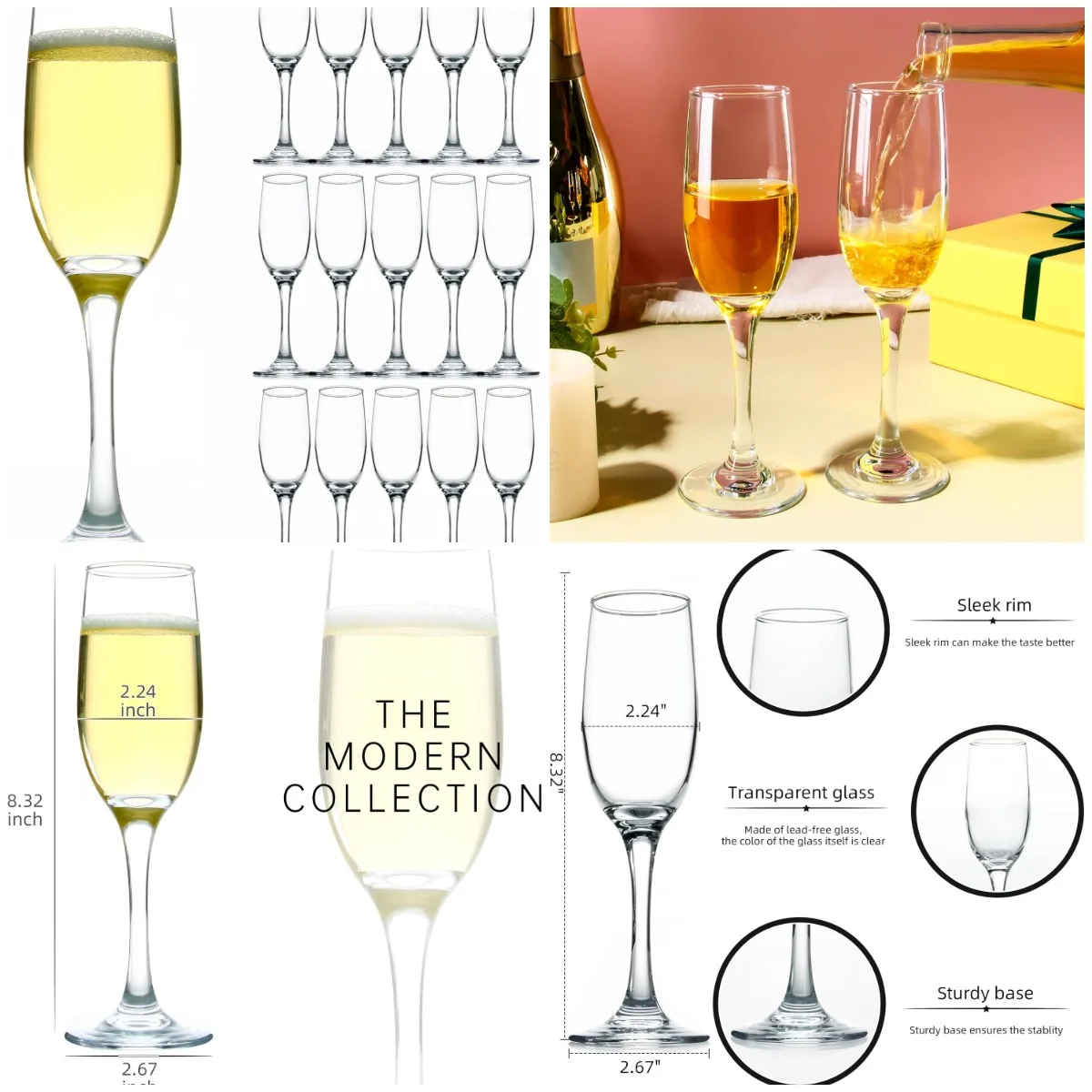 

Champagne Glasses Set of 16, 6 oz Clear Flutes for Wedding, Party, Mimosa & Sparkling Wine