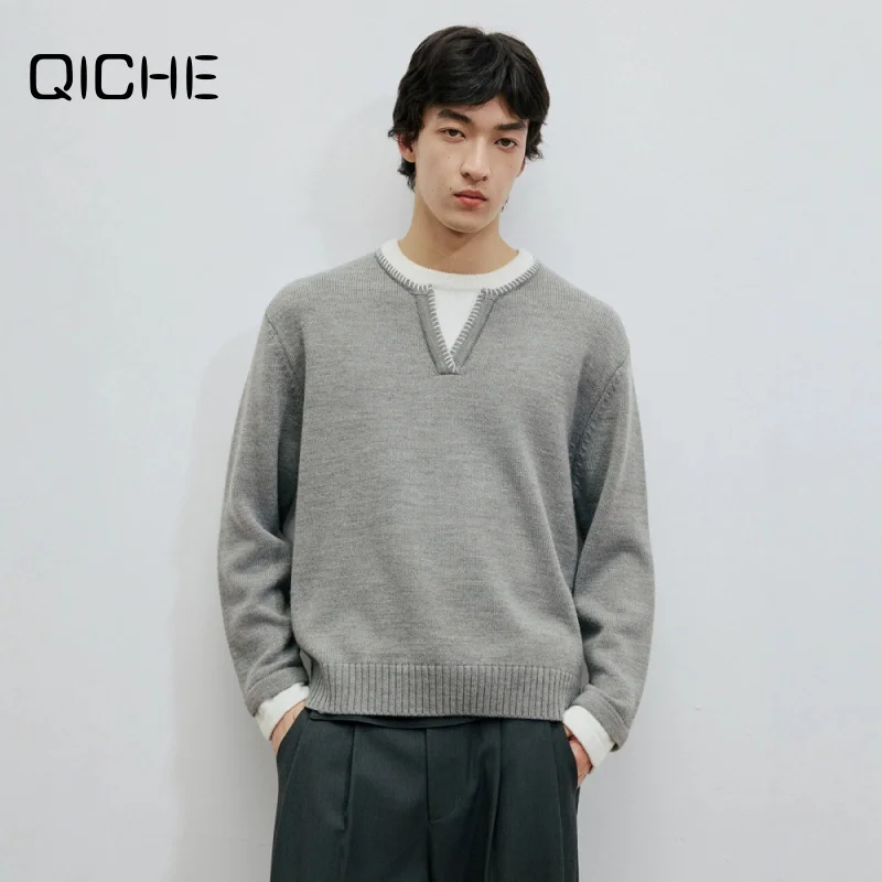 QICHE 2026 Unisex Japanese Fake Two-Piece Sweater, Lazy Minimalist Color Block Couple Knitwear, Autumn Winter