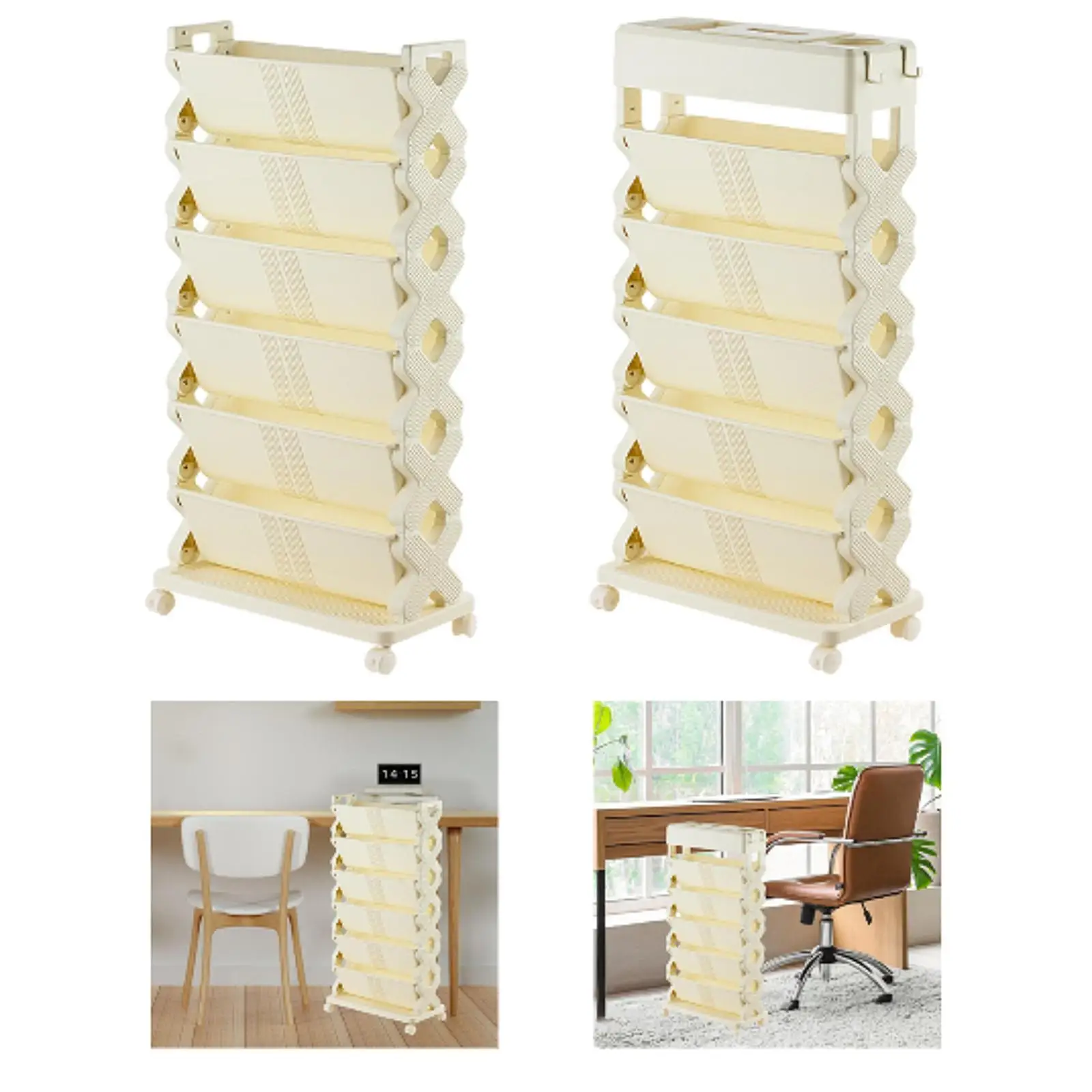 6 Tier Book Shelf Movable Storage Cart Space Saving Display Rack Corner Bookcase for Dorm Magazine Movies Living Room Books