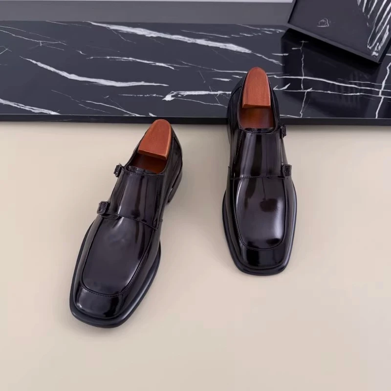 Spring and Autumn New Business Formal High-end Men's Shoes, Leather Square Head Black Double Buckle Casual Fashion Leather Shoes